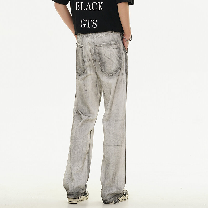 Мужские винтажные джинсы с потертостями, свободные прямые джинсы в американском стиле с завязкой на щиколотке, весна-лето 2024