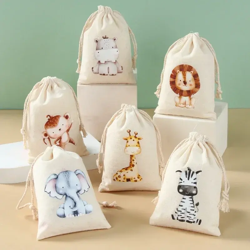 CKB01-bolsas de regalo de lino y algodón para niños, animales, dinosaurios, unicornios, decoración de fiesta de cumpleaños, bolsa de recuerdo de boda para bebé