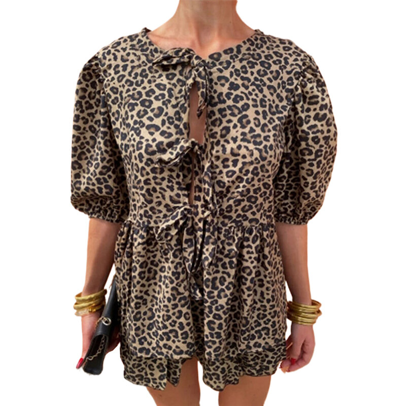 Блузка женская с леопардовым принтом, свободная Повседневная рубашка с коротким рукавом, с оборками, на шнуровке, летний топ