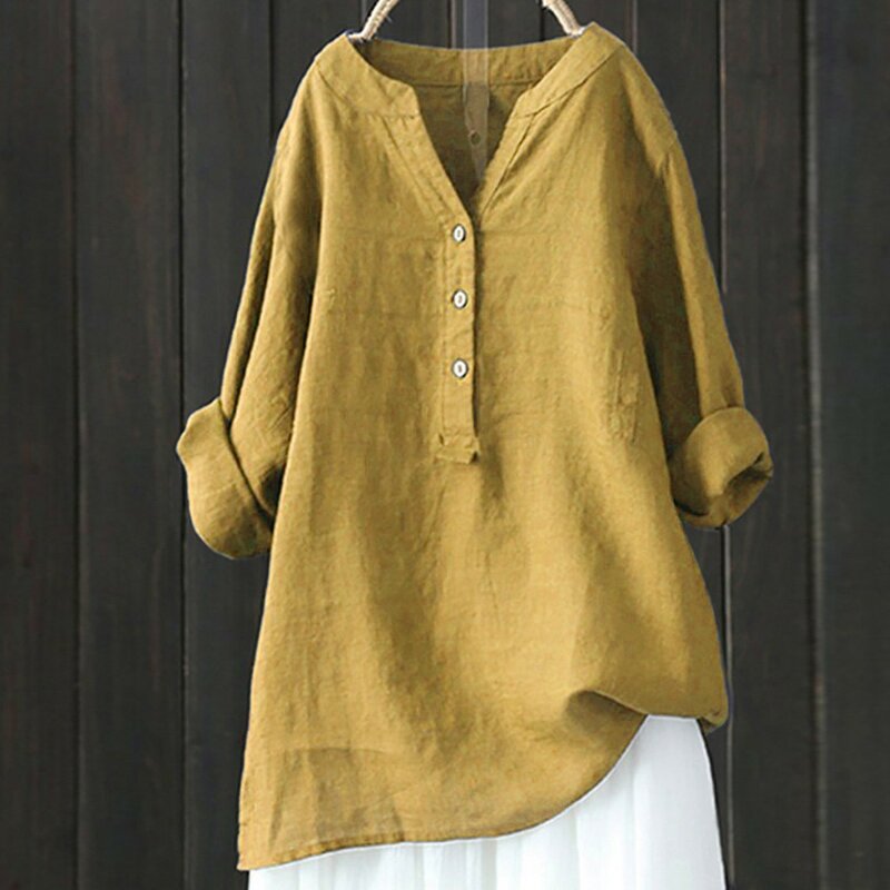 Camisa de manga larga de algodón y lino con botones para mujer, blusa holgada simple, Color sólido