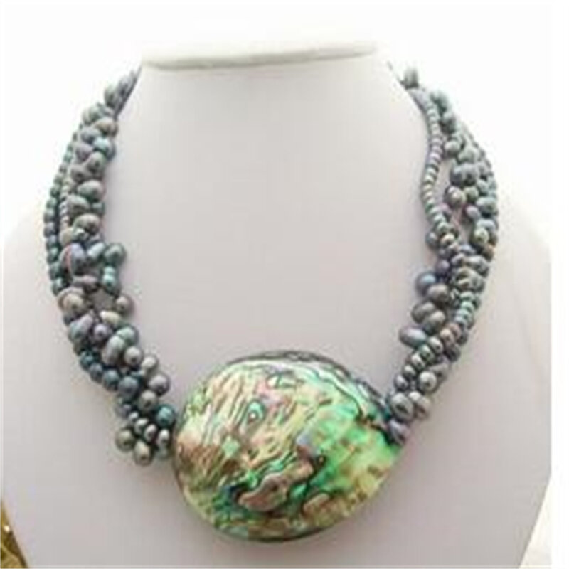 18 "4Strds Black Pearl & Paua Abalone Shell Necklace Free Shipping