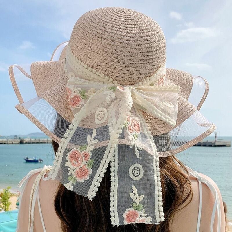 Chapéu de sol casual para mulheres, arco de renda, protetor UV chapéu de pescador, boné de praia, verão doce