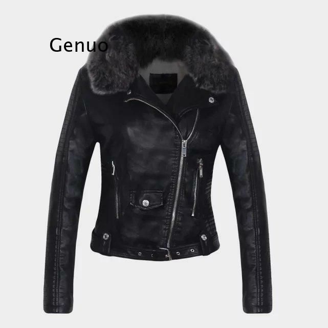 Vestes d'hiver en Faux cuir pour femmes, manteaux chauds avec col en fourrure, ceinture dame noir rose moto Biker
