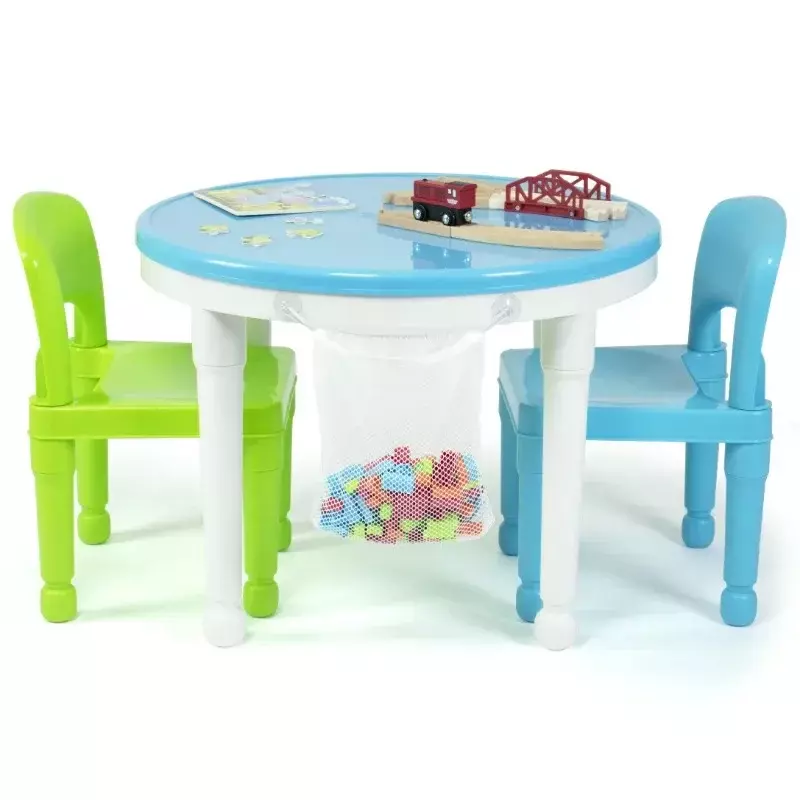 Mesa de Plástico Infantil e Conjunto de 2 Cadeiras, 2 em 1, Redonda, Branco, Azul, Verde