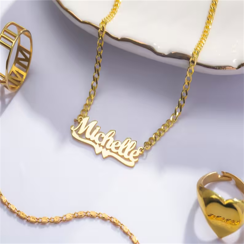 Customized Name Necklace Personalized Heart Necklace Cuban Necklace Girl Customized Stainless Steel Gold Necklace Women's Gift