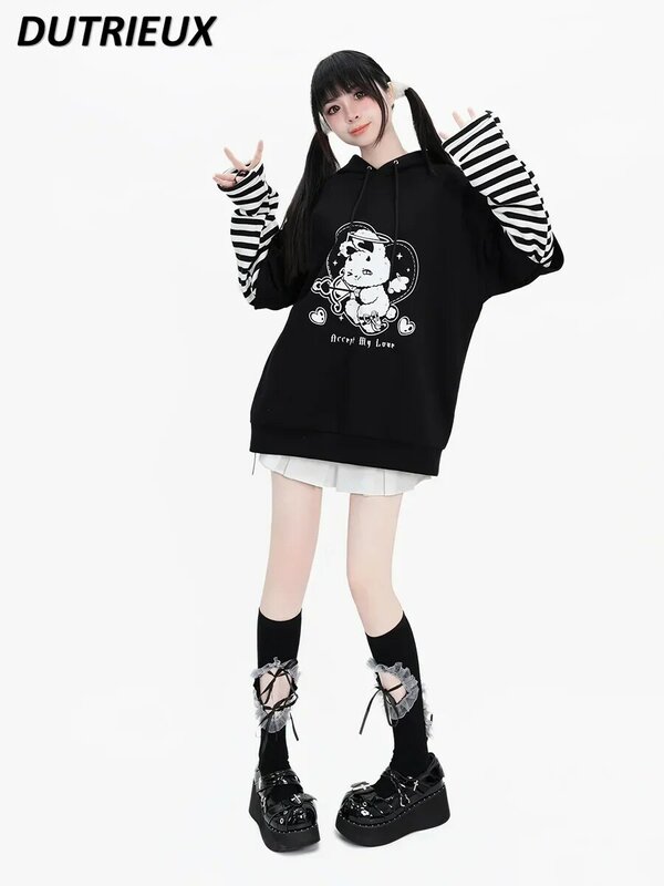 2023 neue japanische Stil lässige Hoodies Femme gefälschte zweiteilige gestreifte Kapuzen ohren lose mittellange Sweatshirt für Frauen