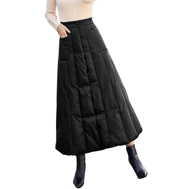 Зимняя женская хлопковая юбка с высокой талией, Повседневная Длинная юбка для женщин, плотные теплые женские черные юбки с подкладкой