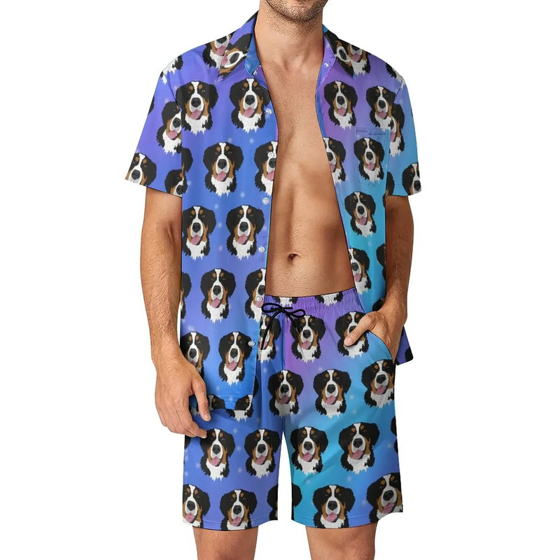 قميص هاواي كبير الحجم وشورت شاطئ بدلة للرجال ، طباعة ثلاثية الأبعاد ، قميص عتيق ، نمط كلب أليف ، ملابس الشارع للعطلات ، طقم 2