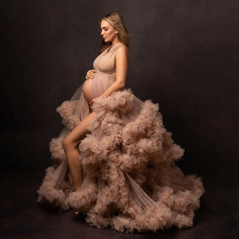 妊娠中の女性のための写真マタニティドレス,Vネックとフラウンスの衣装,ベビーシャワーマータイプ