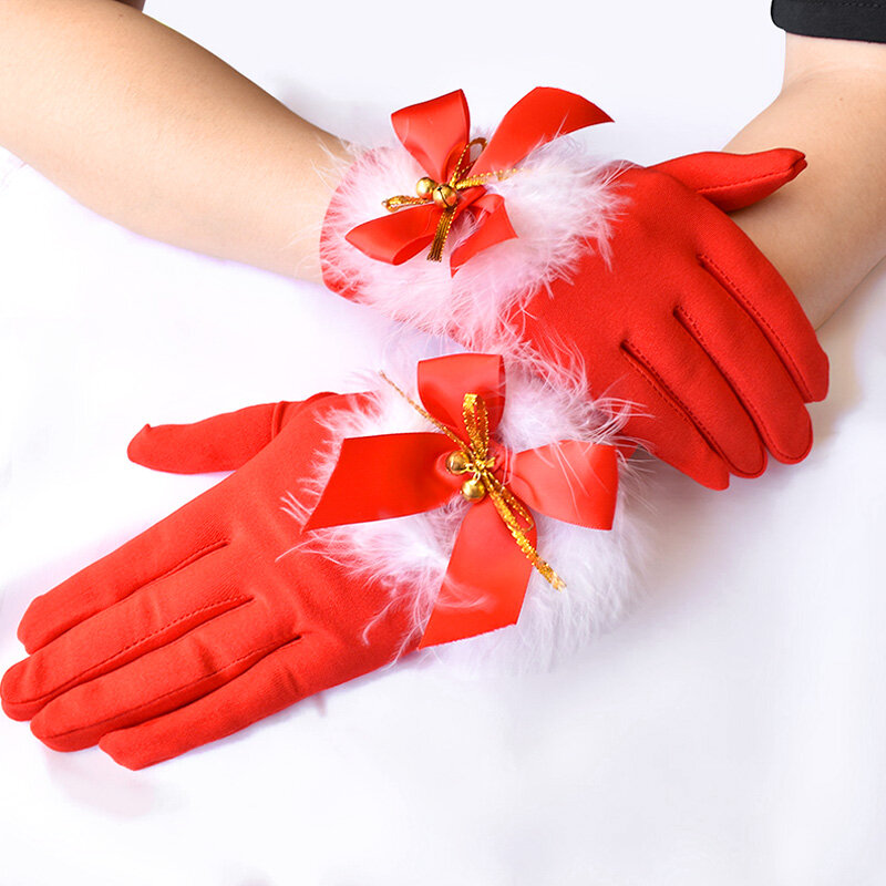 Искусственное платье из белого меха, искусственное платье, короткие красные перчатки с закрытыми пальцами, аксессуары для рождественских костюмов, варежки