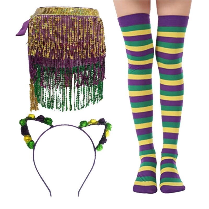 Mardi Gras-kostuums, kralenketting gestreepte dij hoge kousen Halloween cosplay