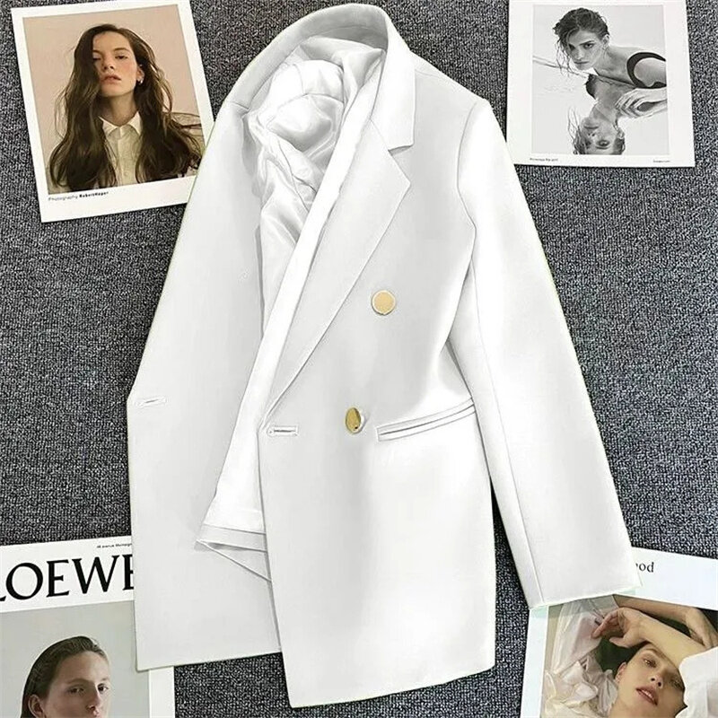 Blazer feminino de manga comprida de botão duplo, desgaste do trabalho das senhoras, casaco formal, outerwear feminino, alta qualidade, primavera, outono