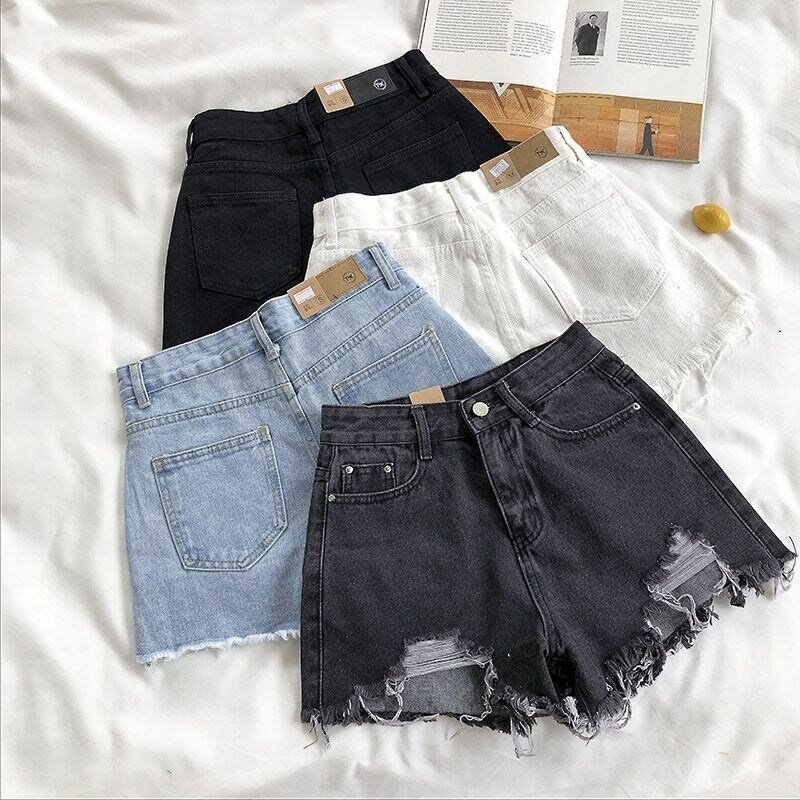 Cowboy Shorts Women's Summer Korean High Waist Casual Blue Denim Shorts Pocket Tassel Perforated Fashion Shorts Y2K Female Jeans