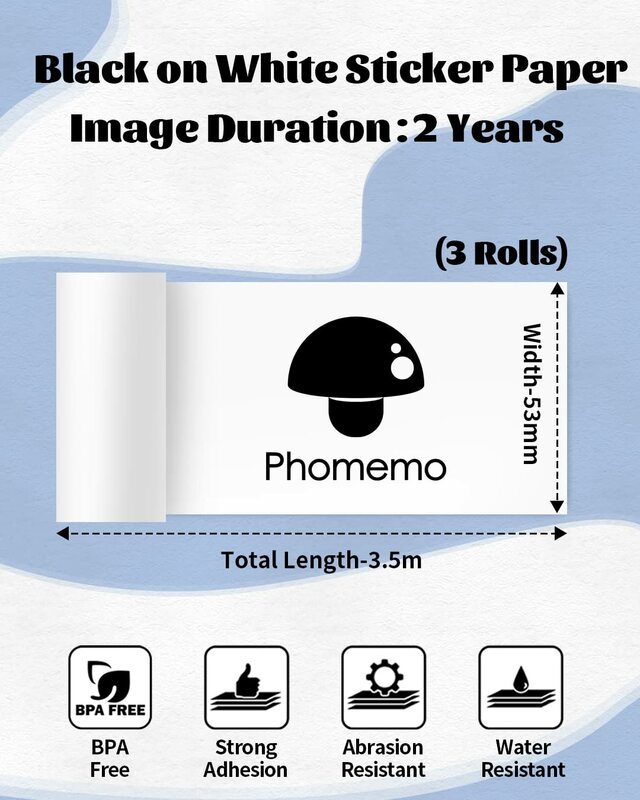Phomemo 10 Jaar Wit Thermisch Papier 3 Rollen Niet-Klevend Geschikt Voor Phomemo M02/M02 Pro/M 02S Mini Printer 53Mm X 6.5M