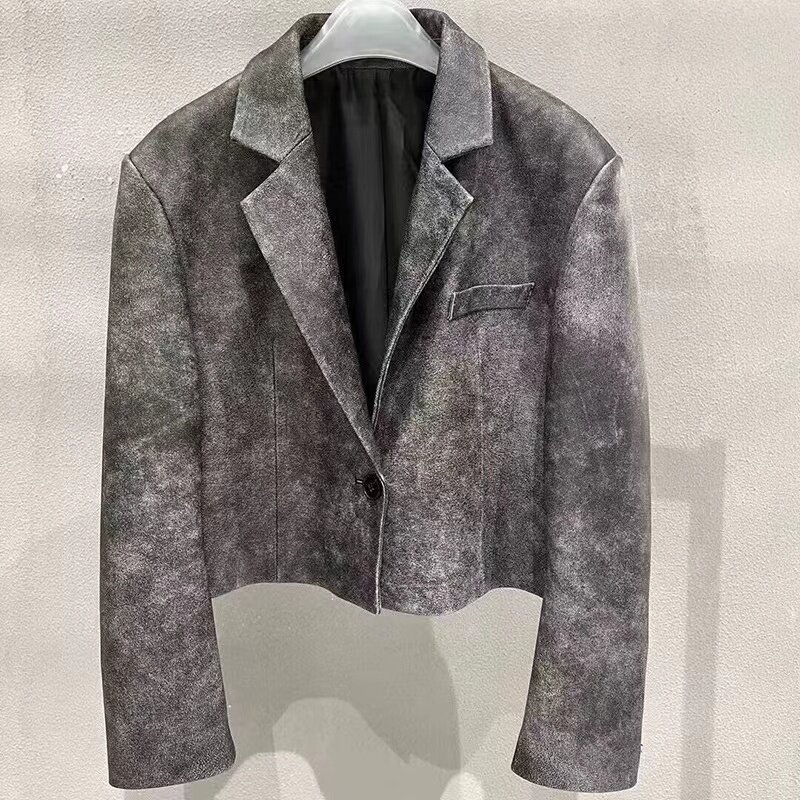 Casaco de couro genuíno feminino, jaqueta de pele de carneiro bicolor, terno retrô, terno de um botão, casaco curto, cor Rub, moda nova, outono e inverno