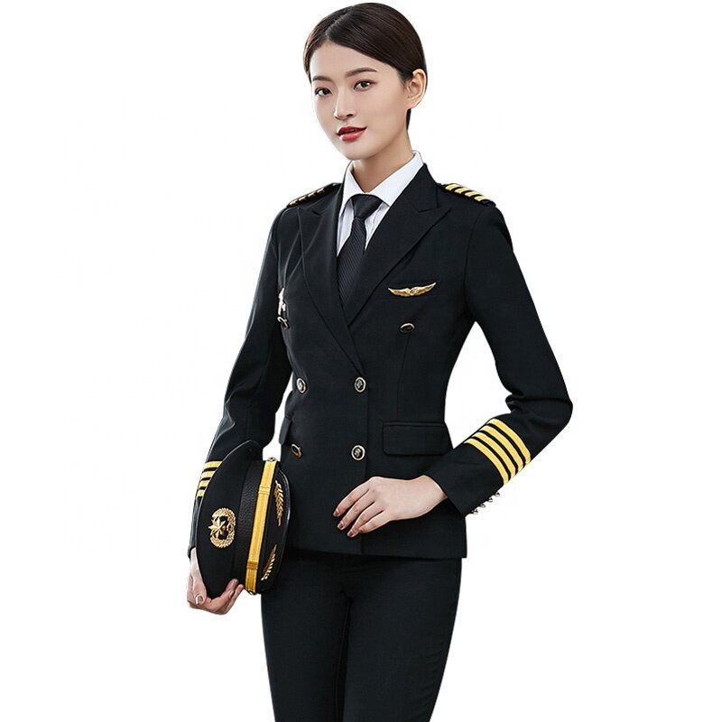 Uniforme de Pilote Imbibé pour Femme, Tenue de Rêves d'Avion, Marine, Noir