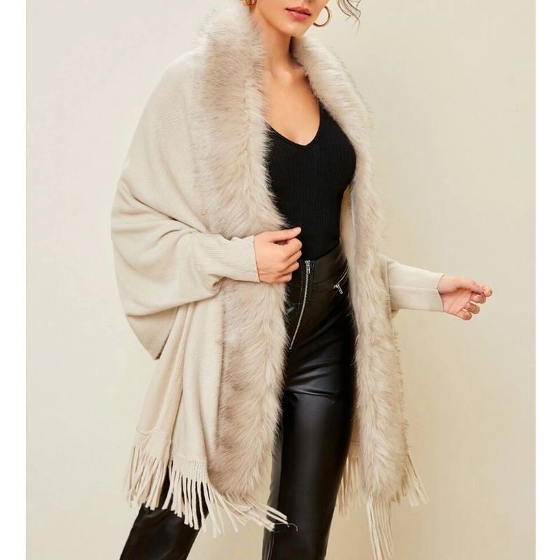 Женская шаль с воротником из искусственного меха на осень и зиму, кардиган, свитер, пальто, накидка, свободное асимметричное вязаное Женское пальто средней длины