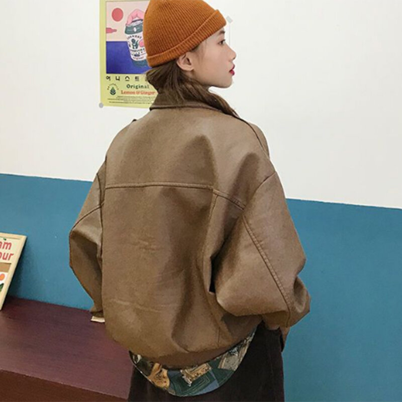Abrigo Vintage de cuero para mujer, abrigo holgado informal de manga larga con bolsillos y cremallera, Color liso, 2023
