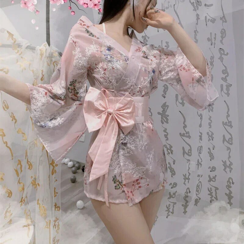 Sexy Embroidery Sakura Kimono Japanese Clothes Seductive Pink Blue Classical See-through Robe Passion Bathrobe Belt Pajamas Suit