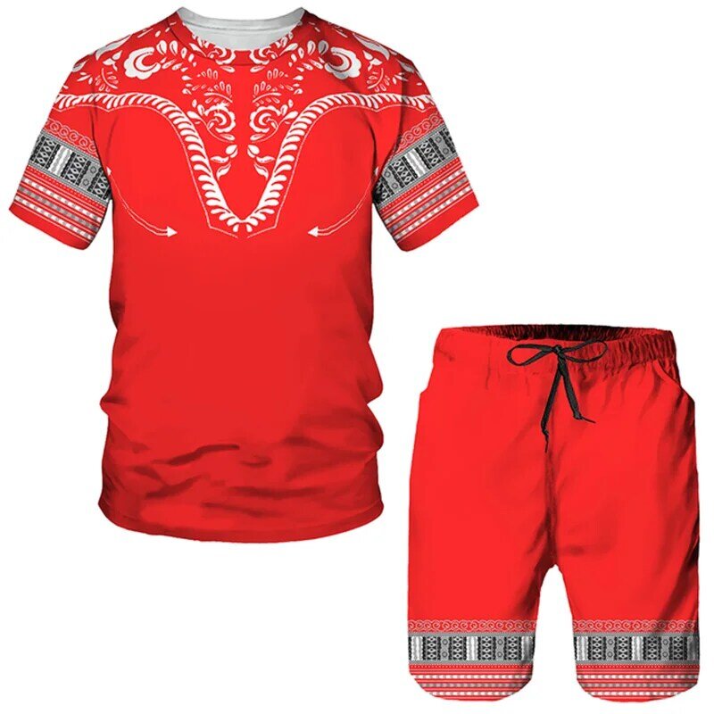 2 stück Set Outfits African Dashiki Vintage 3D Druck Männer Frauen Kurzarm T-shirt Kurze Hosen Anzug Trainingsanzug Männlichen Kleidung