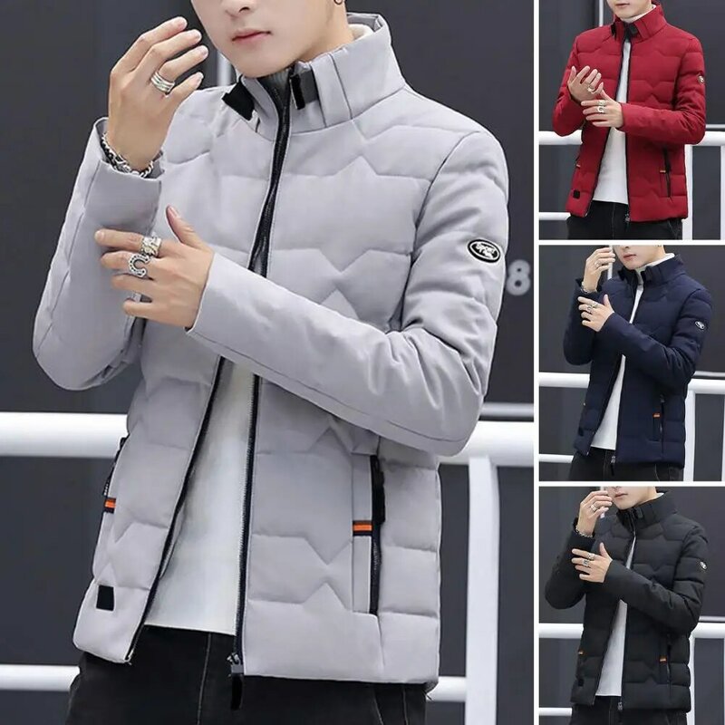 Men Autumn Winter Overcoat with Pockets Zipper Closure Stand Collar Solid Color Thick Warm Slim Fit Outwear Coat