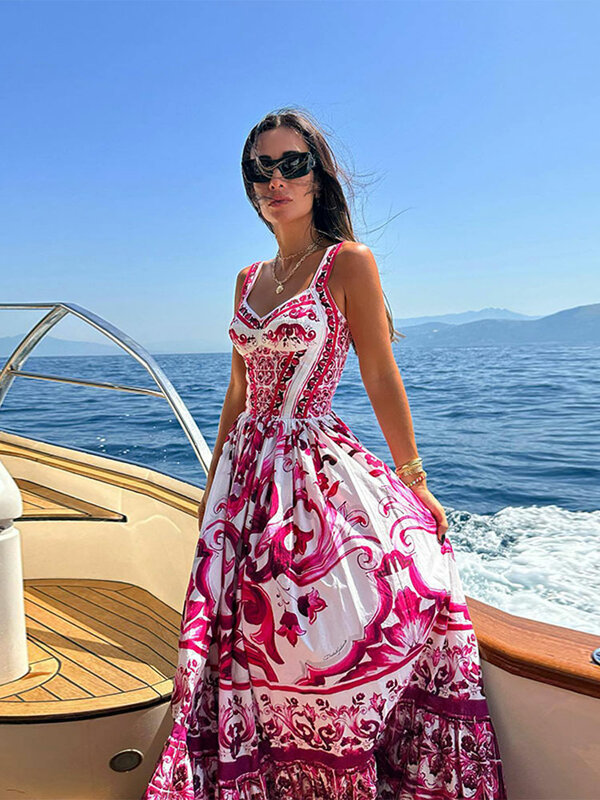 Frauen sexy bedruckte Hosenträger Kleid Mode V-Ausschnitt rücken frei hohe Taille große Schaukel Midi Vestido Sommer weibliche schicke Urlaub Roben