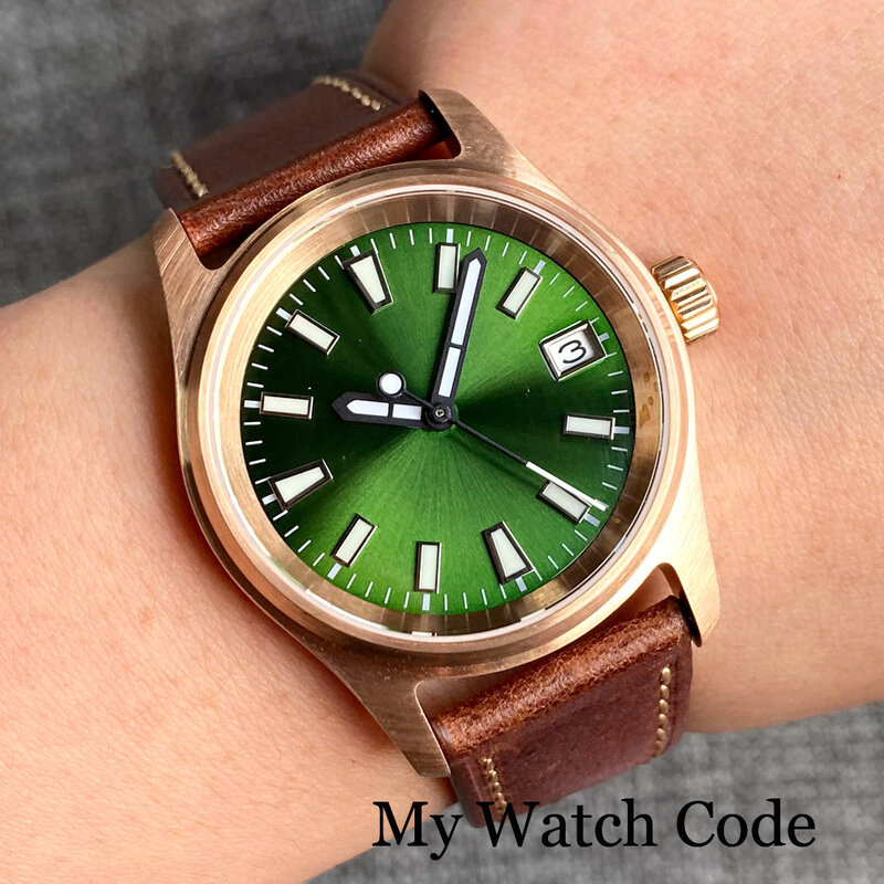 36mm Diving Pilot Real Bronze Mechanical Watch NH35A Movt Lady Men Wristwatch Sunburst Olive Green 20Bar Retro Vintage Clock