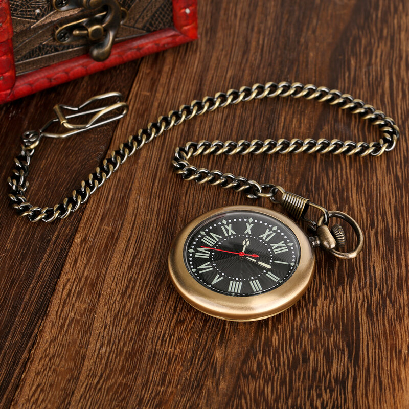 청동 빈티지 부드러운 오픈 페이스 야광 로마 숫자 쿼츠 포켓 시계, 아날로그 FOB 시계, 38cm 후크 포켓 체인 앤티크