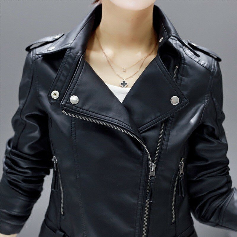 Jaket kulit imitasi hitam musim gugur wanita mode baru 2024 jaket dasar ritsleting jaket pengendara sepeda motor kerah lipat dengan Blet 3xl