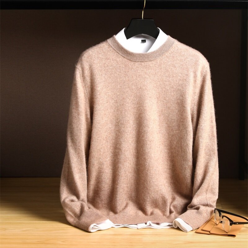 Suéter de lana pura para hombre, Jersey suelto de cuello redondo de Color sólido, con camisa de manga larga Base, otoño e invierno, nuevo