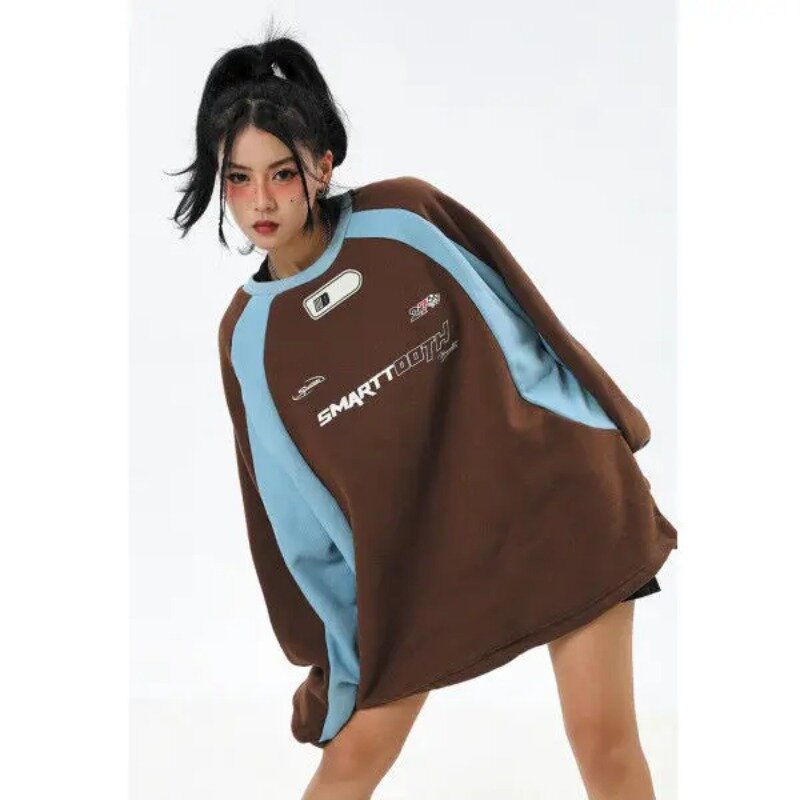 Американский Ретро Свитшот Y2K, пуловер с круглым вырезом, свитшот, уличная одежда, Женский крупный пуловер большого размера, эффектный Топ