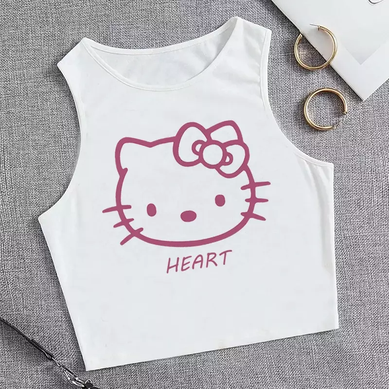 Майка-топ 90-х годов, кроп-топ, футболка Hello Kitty, Kawaii, футболка Sanrio Kawaii, готическая одежда Y2 K, женская футболка