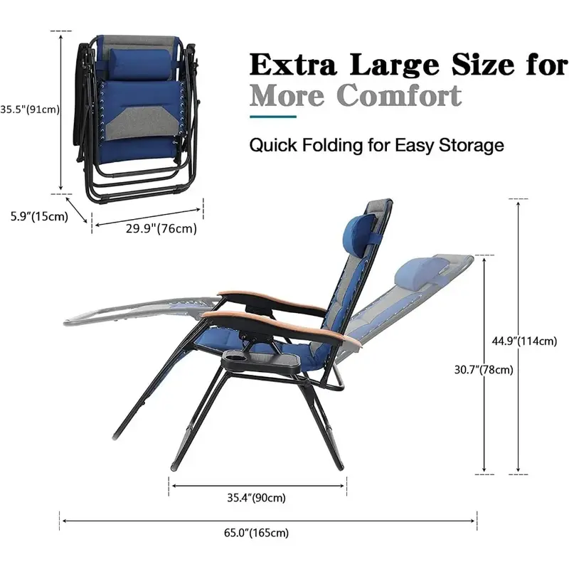 Krzesło z grawitacyjnym oparciem, 30-calowy fotel antygrawitacyjny z uchwytem na kubek, zestaw 2, podtrzymujący 400 funtów (kciuk niebieski)
