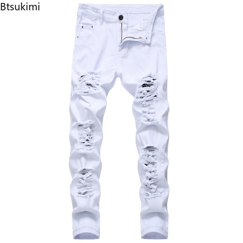 2024 New Men's Casual Jeans Trendy Hip Hop Holes Slim Denim Trousers Versatile Stretch Distressed Pants High Quality Pants Male