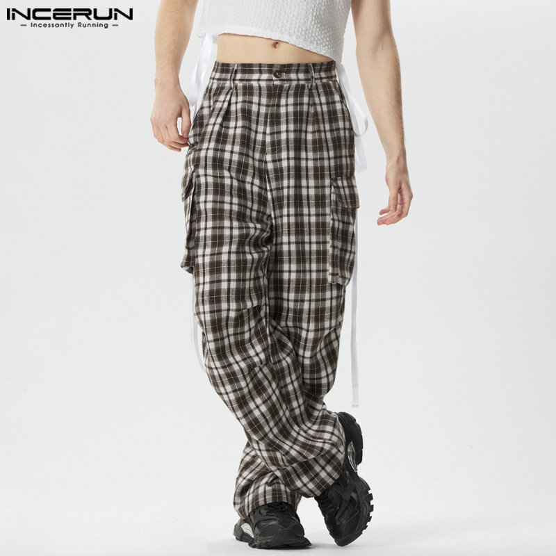 INCERUN 2024 American Style Trousers New Men Plaid Pocket Design Cargo Long Pants Casual Street Male Hot Selling Pantalons S-5XL