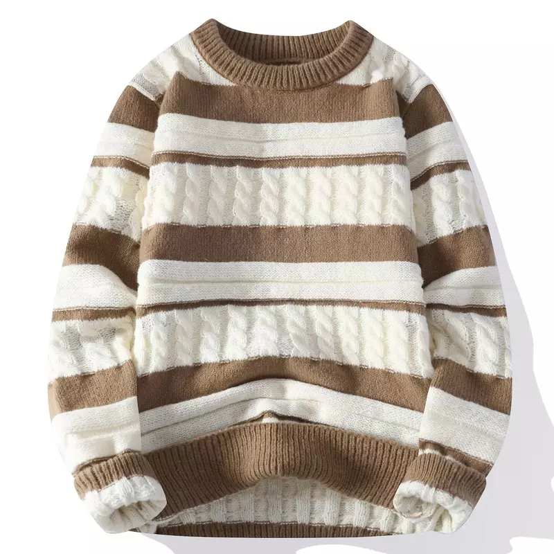 Sweater Pullover pria, 2024 musim gugur dan musim dingin tebal Retro bergaris warna yang cocok leher kru Sweater hangat remaja Sweater santai