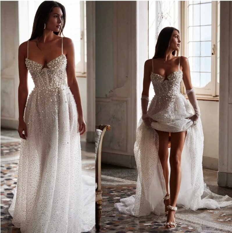 Sexy Summer Luxury Wedding Dress Spaghetti Straps Beads Sequin A-Line Sweep Train Bridal Gown Formal Evening Dress Prom Dress