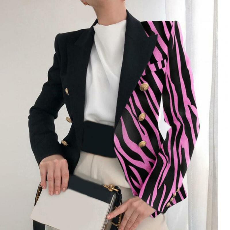 Right-angle Shoulder Women Blazer Chic Double Breasted Office Suit Coat Ladies Vintage Long Sleeve Contrast Color Outerwear