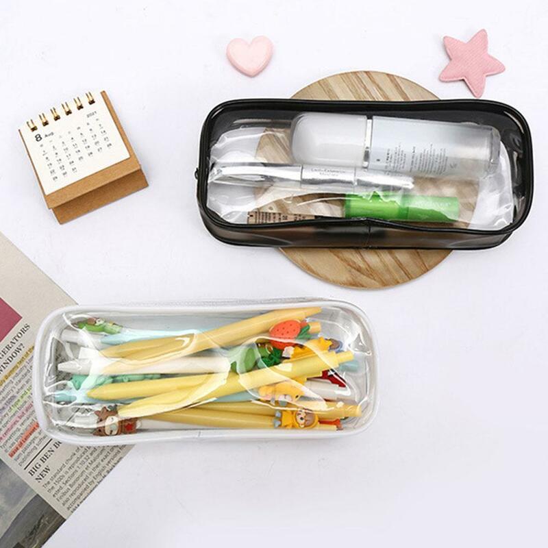 Transparent PVC Zip Pencil case Black and white Large Bag Stationery Pouches Pencil Student Simple Zipper Capacity Kawaii A8G7
