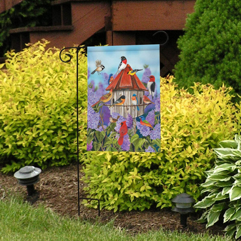 1 pieza de patrón de flor de pájaro multicolor con bandera de jardín impresa de doble cara, decoración de patio, excepto postes de bandera