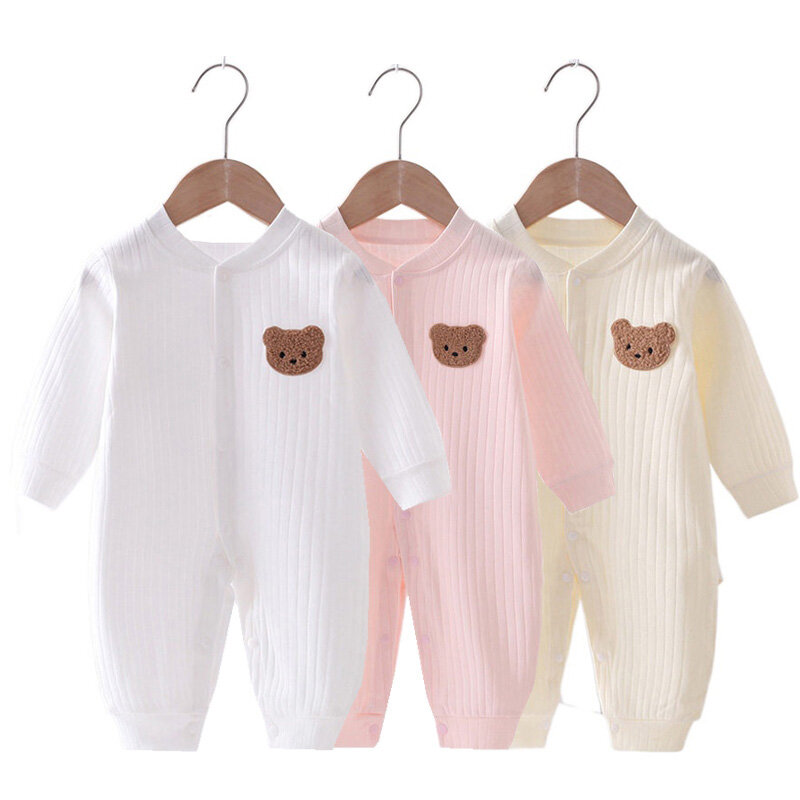 Muslin baju terusan bayi, Jumpsuit kartun beruang lengan panjang untuk anak laki-laki dan perempuan musim gugur pakaian balita Onesie 0-18 bulan