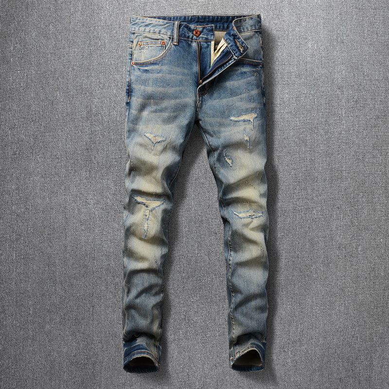 Jeans azul lavado retrô masculino, moda streetwear, elástico, slim fit, rasgado, calças jeans de designer vintage, alta qualidade