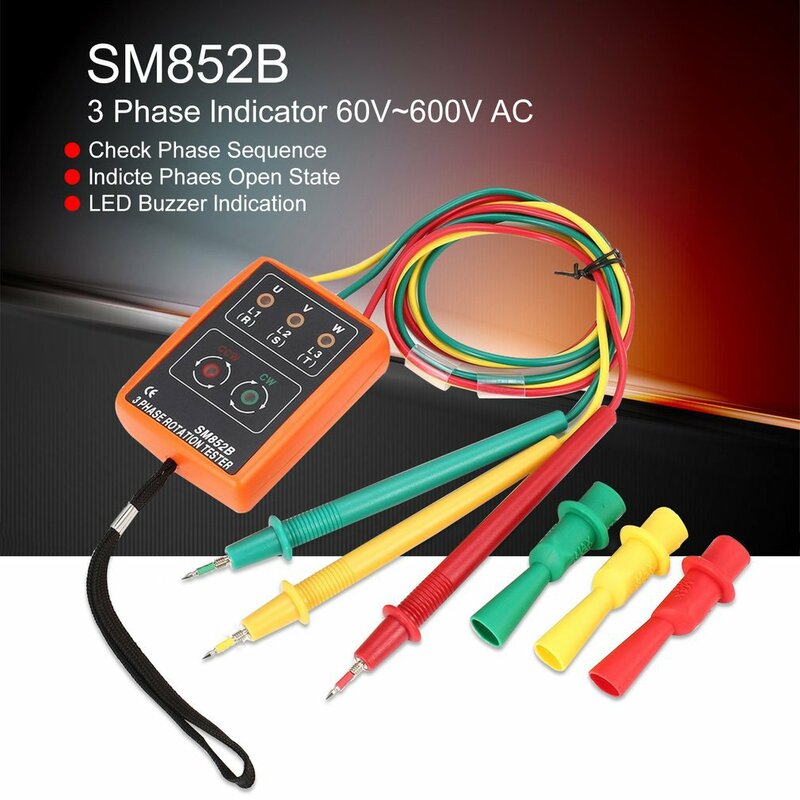 Detector de fase portátil SM852B, indicador de medidor de secuencia de rotación, zumbador LED Digital de 3 rotación, voltaje de 60V ~ 600Vac, nuevo