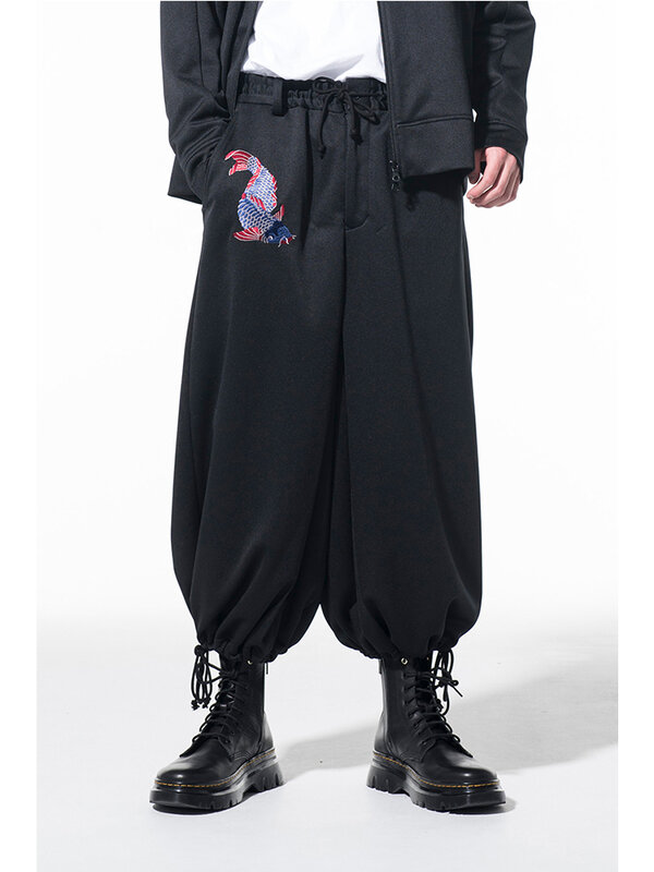 Karpfen Stickerei Yohji Yamamotos Hosen übergroße Hose mit weitem Bein Unisex Yohji Hose Pantalon Homme Ballon hose Kordel zug Hose