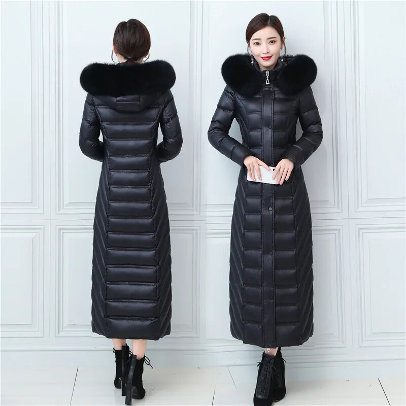 Abrigos de plumón brillantes de gama alta para mujer, chaquetas largas hasta el tobillo hasta la rodilla, cuello de piel de zorro, chaqueta acolchada de invierno