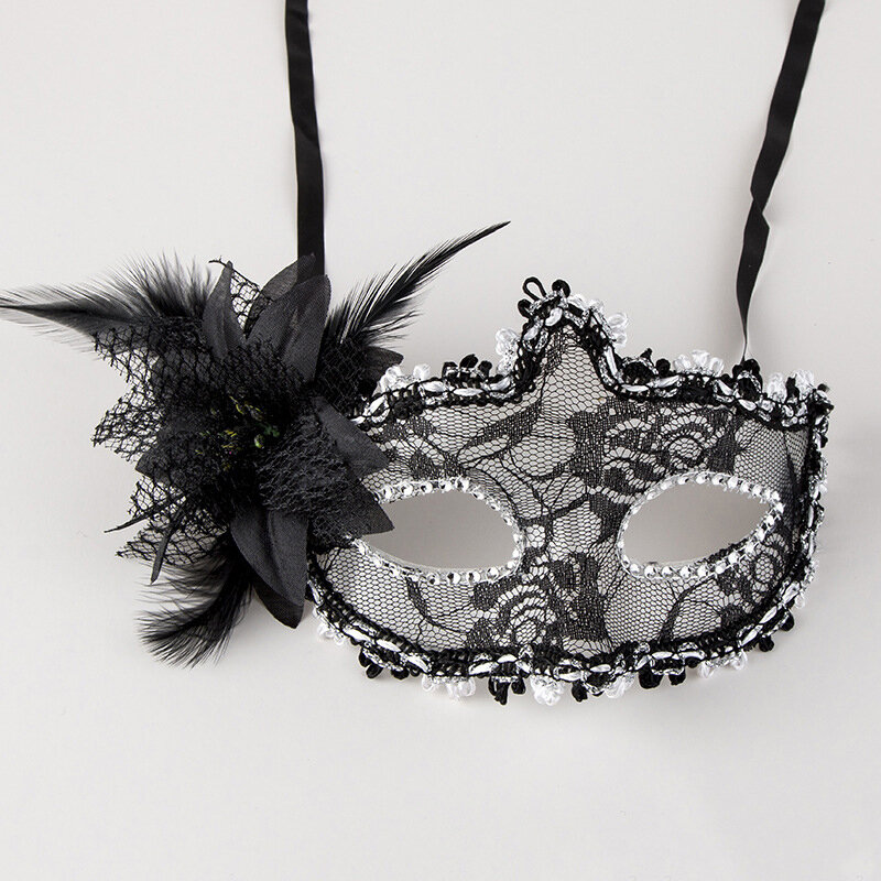 Máscaras de mascarada de flores de encaje de plumas para mujer, máscara de fiesta Sexy, máscara de ojo negro de princesa, accesorio de disfraz de vestido de lujo para fiesta de Halloween