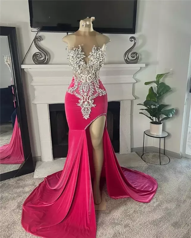 New 2024 Sparkly O Neck Long Prom Dress Black Girls Beaded Crystal Birthday Party Dresses Evening Gowns High Slit Gown Robe