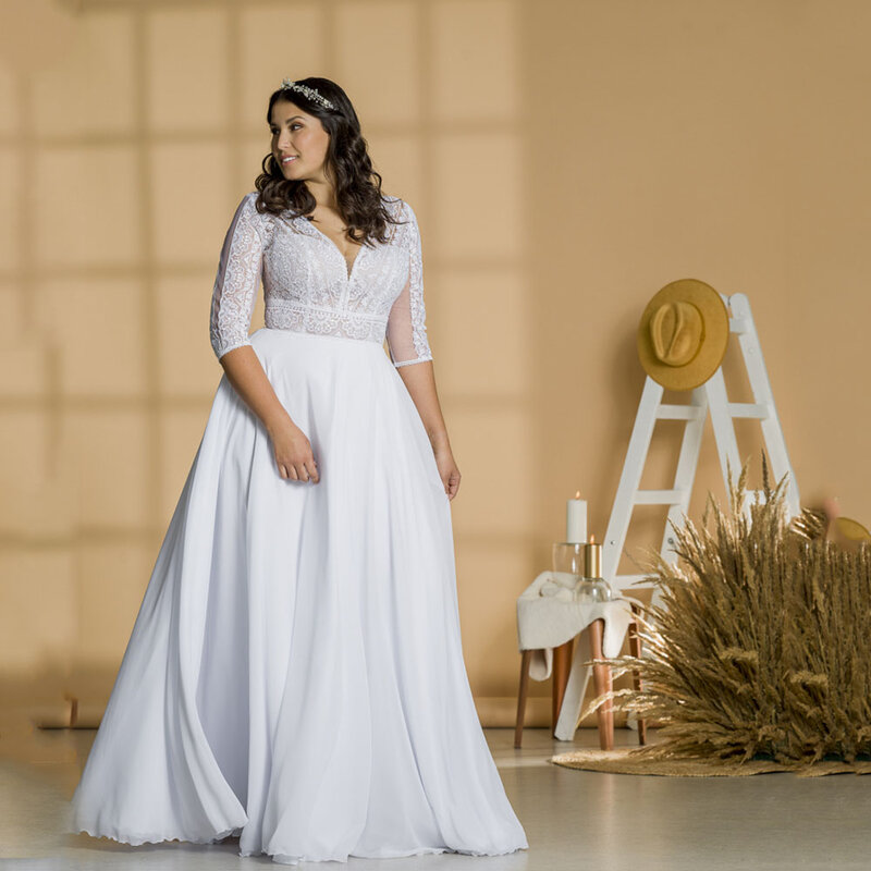 Classic Wedding Dresses Plus Size V-Neck 3/4 Sleeves Bride Gowns Lace Chiffon A-Line Floor Lenth Vestidos De Novia 2023
