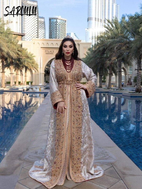 Luxo frisado A-Line Vestidos De Noite, Takshita marroquino, Decote em V com cinto, Kaftan nupcial, Vestido De Cristais