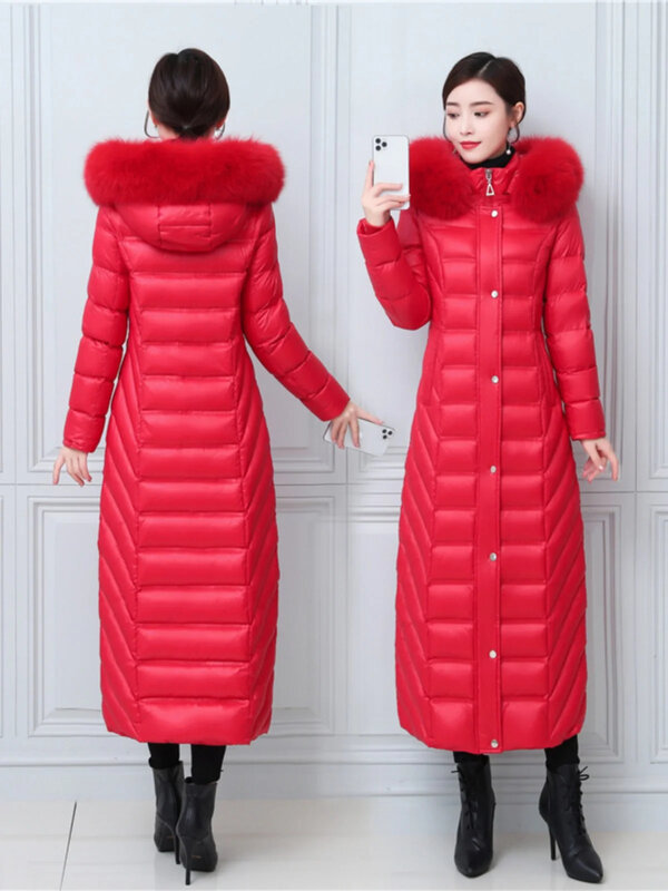 Abrigos de plumón brillantes de gama alta para mujer, chaquetas largas hasta el tobillo hasta la rodilla, cuello de piel de zorro, chaqueta acolchada de invierno
